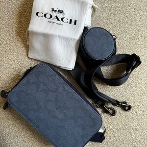 Coach Men's Navy Blue Crossbody Camera Bag with Removable Strap and Pouch
